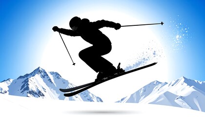 Silhouetted skier soaring through snowy mountains