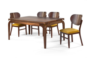 wooden dining table set isolated on white background . table and chair .