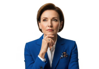 Professional businesswoman portrait in blue suit thinking pensive expression stock photo image isolated on transparent background