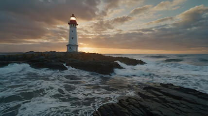 Fototapeta premium Scenic sunrise over coastal lighthouse with soft waves crashing on rocks