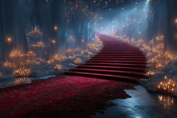 Elegant red staircase illuminated by soft lights leads to a magical destination in a mystical setting during the evening