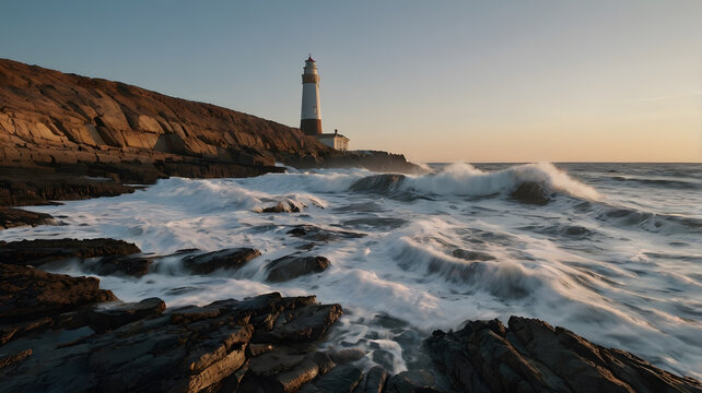 Wide-angle view of lighthouse on rocky shore at sunrise with gentle waves
