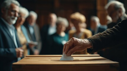 Medium shot capturing a cooperative member inserting a ballot paper into a wooden box for a governance vote sharply focused foreground with blurred faces of participants in the