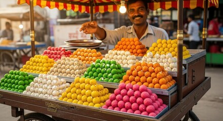 Indian street food vendor sells colorful sweets