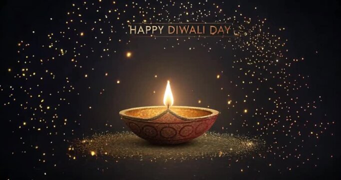 Burning diya diwali with "happy Diwali Day" greeting with glitter