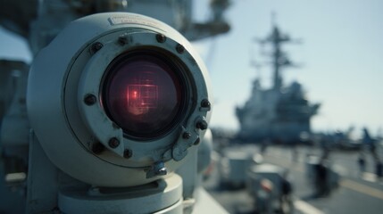 Focused medium shot of a stateoftheart naval laser turret finetuning its targeting lenses set against a blurred backdrop of the aircraft carrier decks bustling environment.