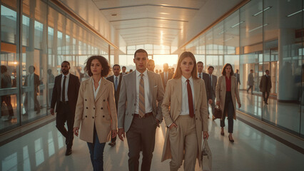 Fototapeta premium Diverse business people walking in a large sleek modern hall .