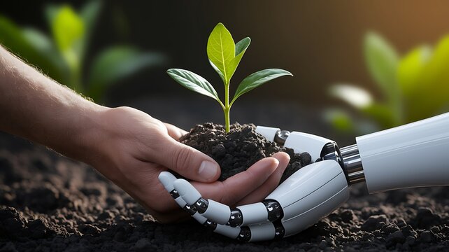 An AI robot hand and a human hand exchanging a tree sapling, symbolizing sustainability, innovation, and harmony between nature and technology for a green future and environment