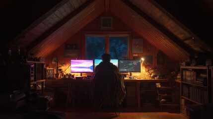 Cozy attic office with worker in blanket, two monitors, and warm glow