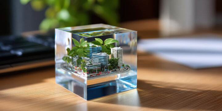 Miniature cityscape inside clear optical crystal block with green plants, modern buildings, and sunlight casting shadows