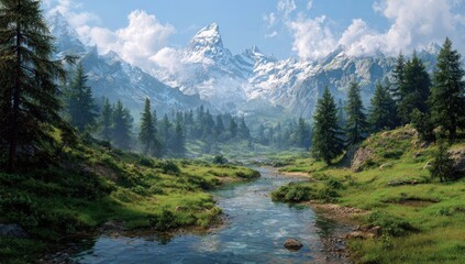 Obraz premium Scenic alpine valley with a flowing stream and snow-capped mountains
