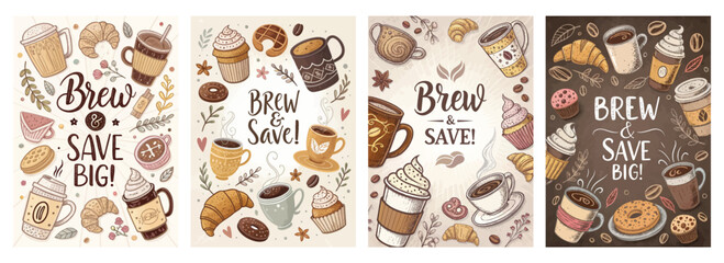 Whimsical coffee-themed illustrations celebrating brews and savings in a charming style.
