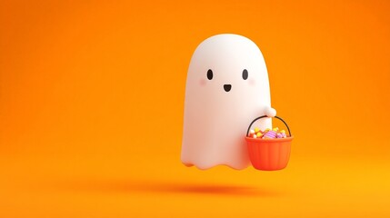 Fototapeta premium Cute ghost holding a candy bucket against a bright orange background.