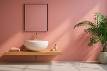 Fototapeta premium Minimal Pink Bathroom with Floating Vanity