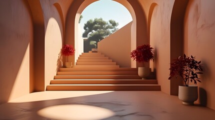 Fototapeta premium Architectural Staircase with Red Plant