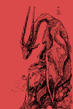  A detailed black and white ink drawing of a powerful, horned dragon with an imposing presence and intricate scales, evoking ancient myths and dark fantasy.