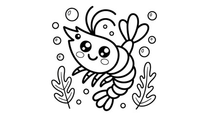 Obraz premium Adorable Cartoon Shrimp in Underwater Scene - Line Art Illustration
