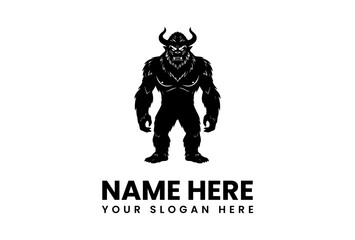 Silhouette of a horned muscular and menacing mythical creature standing upright.