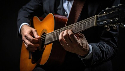 Man Playing Acoustic Guitar In Dark Room