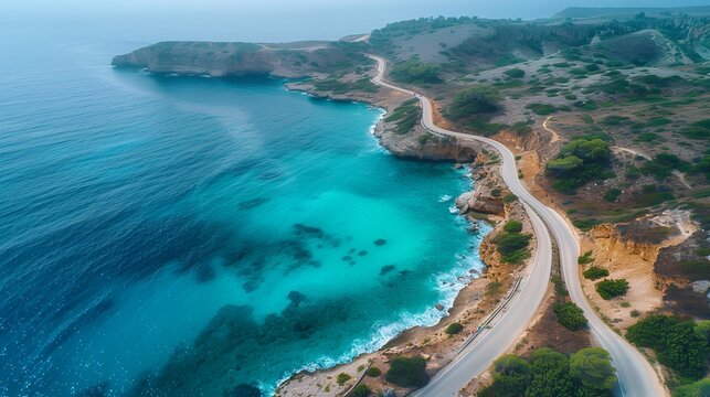 Stunning coastal road winds along turquoise waters, ideal for travel and summer vacations - Powered by Adobe