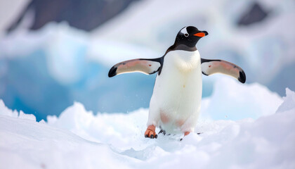 Obraz premium a penguin standing in icy water with its wings spread, as if it's walking across it