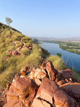 Kimberley&rsquo;s Landscape of red rock and spinifex with valley and Ord river on still clear day