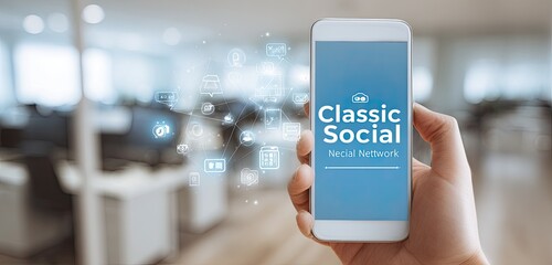 A hand holds a smartphone displaying a social networking app interface, overlaid with various digital icons, in a blurred office setting