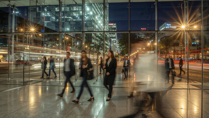 Diverse business people walking in a large sleek modern hall .
