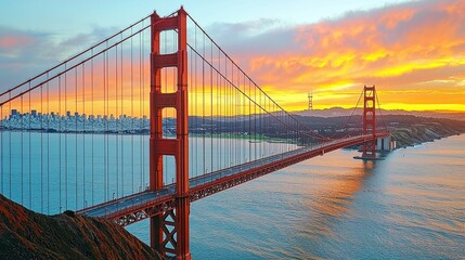 Obraz premium Golden Gate Bridge silhouette sunset dramatic view historic American suspension bridge red steel towers cables emerging through fog San Francisco Bay