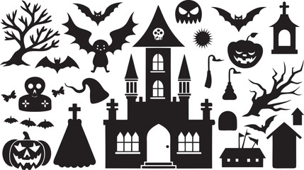 Obraz premium Halloween Silhouette Collection Spooky Castle Bats Pumpkins and Other Creepy Elements