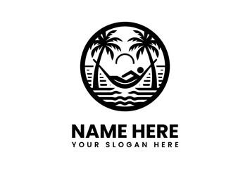 Stylized Beach Scene with Hammock Palm Trees Sun and Ocean Waves in Black.