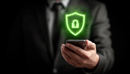 Businessman holding phone with security shield