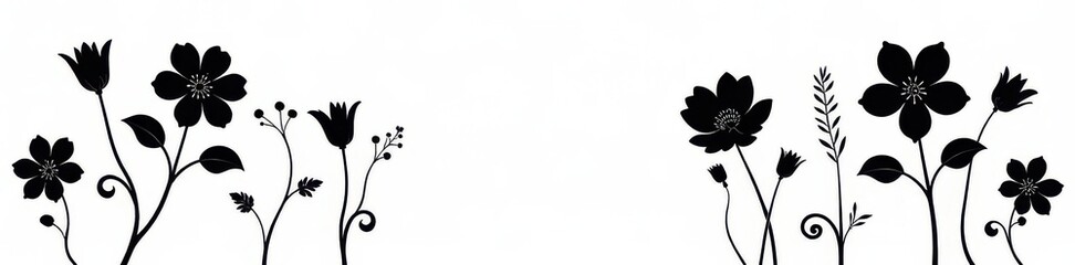 Elegant black flower silhouettes on white background, silhouette, outline, clipart