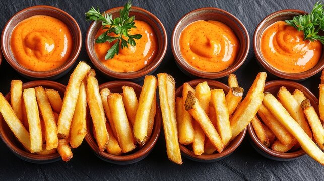 Premium french fries sriracha mayo sauce multiple ceramic bowls flat lay dark slate stone background fresh herb garnish restaurant style