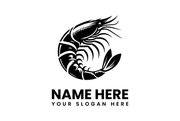 Stylized Black and White Shrimp Illustration with Curved Body and Prominent Antennae.