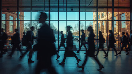 Diverse business people walking in a large sleek modern hall .