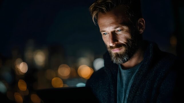 Man examining data on a tablet in a dimly lit urban environment