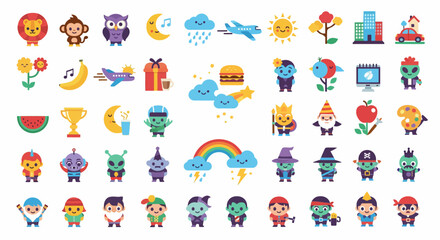 Collection of diverse flat design icons and cute characters for children projects and web elements
