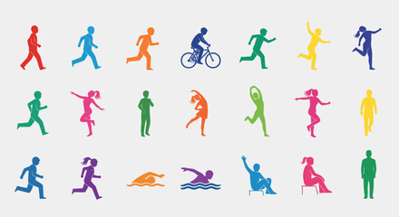 Colorful human silhouette illustrations depicting active lifestyle and healthy fitness
