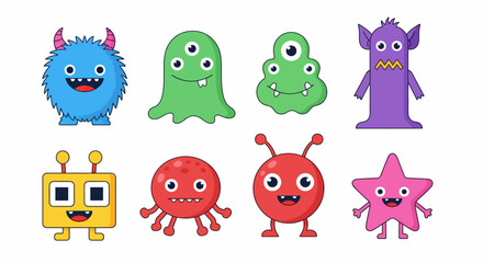 Obraz premium Collection of diverse cartoon monster characters with happy expressions and vibrant colors