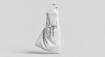 White apron mockup floating in the air. Clean, blank culinary uniform template isolated on a light grey background for design presentation and branding.