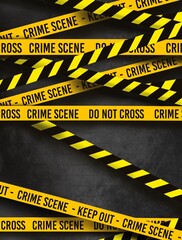 Yellow and black crime scene tape with &ldquo;Do Not Cross&rdquo; and &ldquo;Keep Out&rdquo; text on a dark background. Perfect for police investigation, crime scene, or warning-themed designs and backgrounds.
