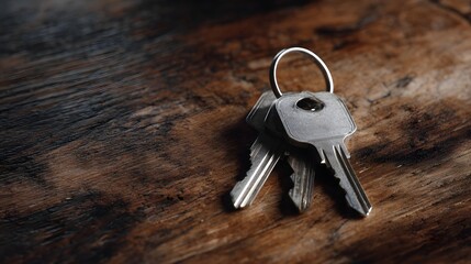 A set of keys on a wooden table  long title A close up image of a set of metal keys resting on a rustic weathered wooden surface suggesting a real