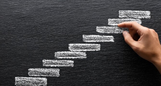 Hand reaching for next step on a chalk stairway