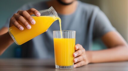 Man pouring fresh orange juice into glass at table