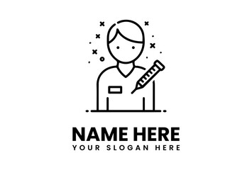 Stylized doctor icon with syringe wearing a collared shirt and surrounded by abstract shapes.