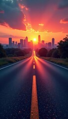 Empty asphalt road leads to vibrant sunset city skyline, sky, horizon