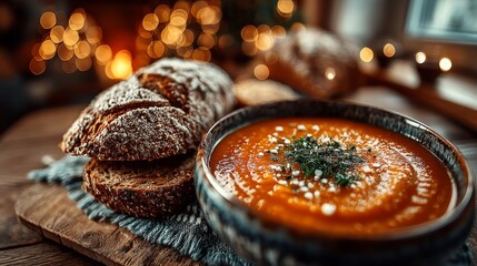 Hearty bowl of tomato soup garnished with herbs, served with crusty bread slices on a wooden board with festive bokeh lights in the background