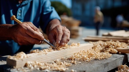 Carpenter carving wood with chisel, creating wood shavings in workshop
