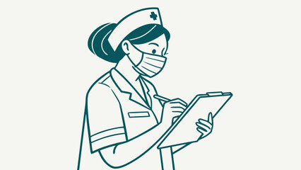 Illustration of a nurse wearing a mask and uniform writing on a clipboard in a medical setting